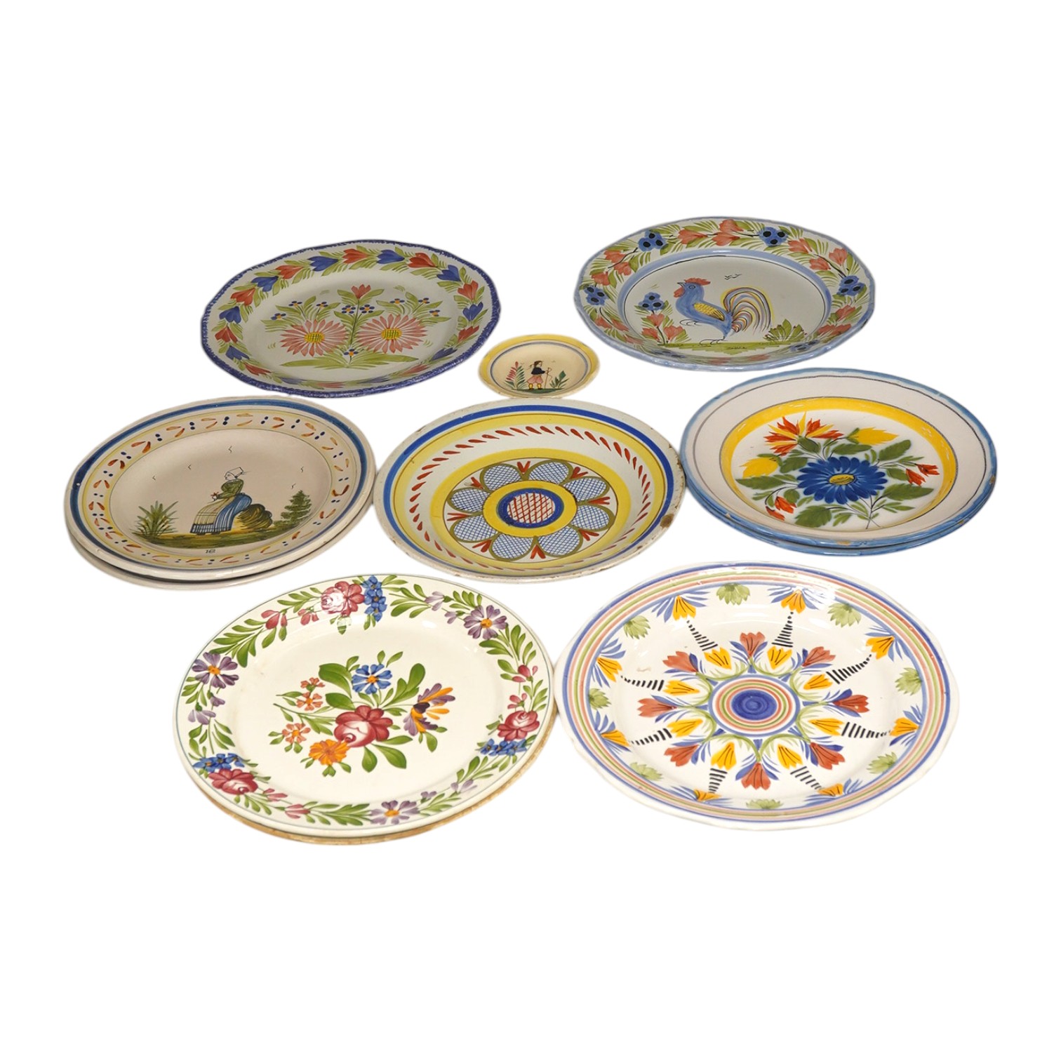 Eleven faience type plates by Quimper, Luneville etc. Condition - fair to good
